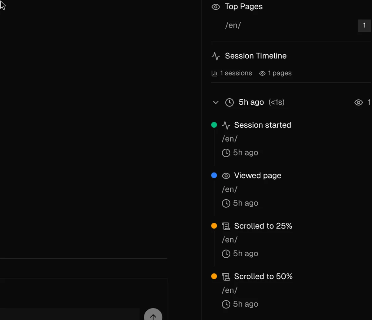 Customer Journey panel showing session timeline with page views, scroll depth milestones, and timestamps for each event