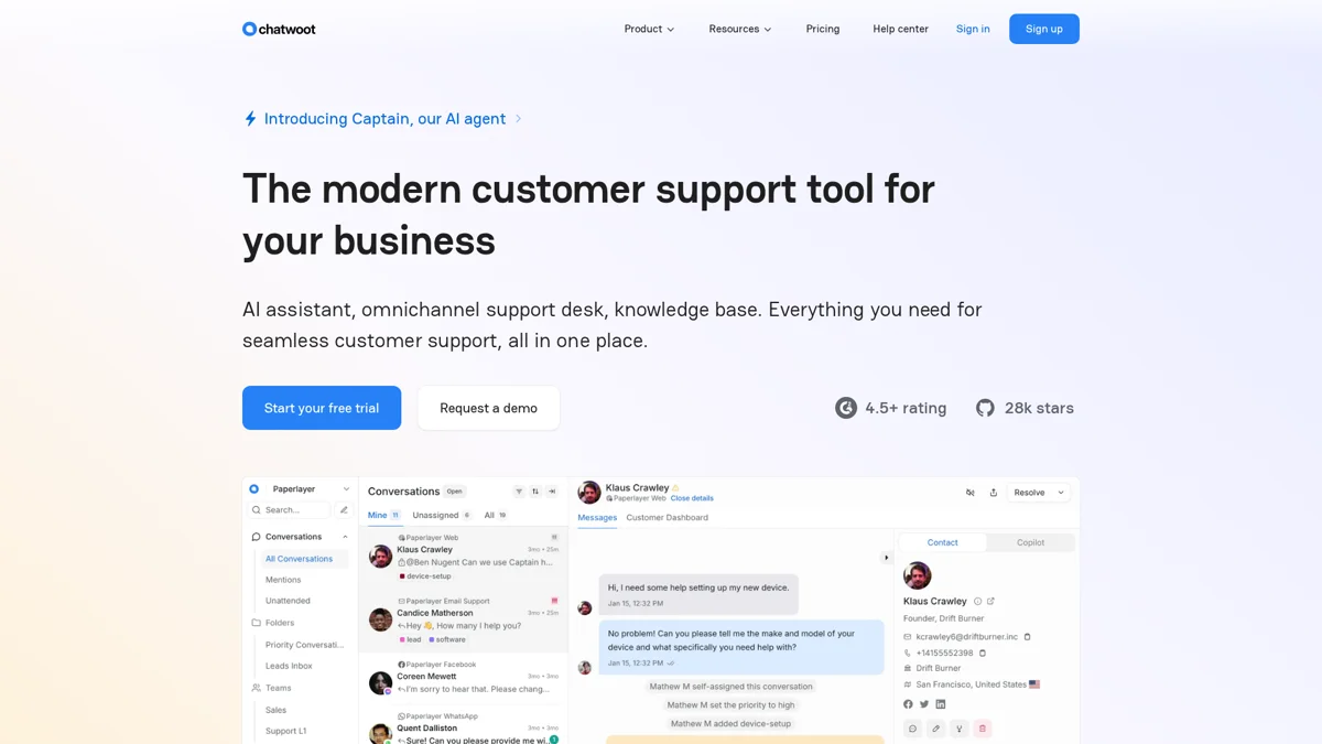 Chatwoot landing page