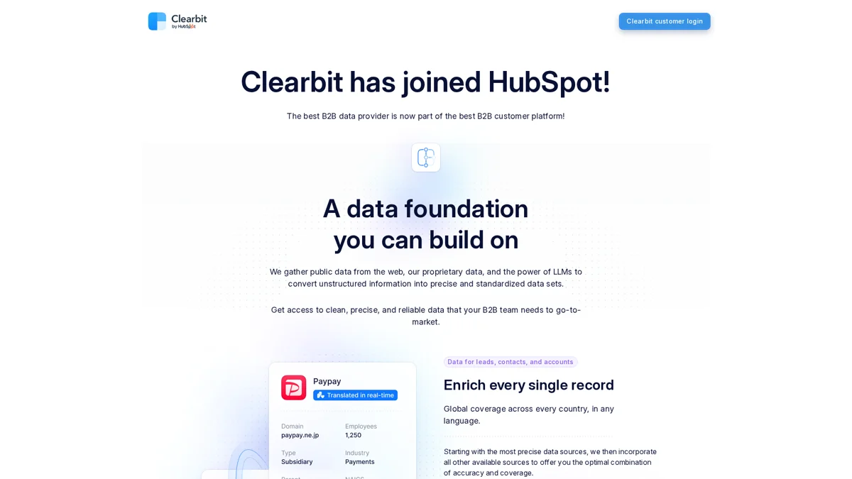 Clearbit landing page