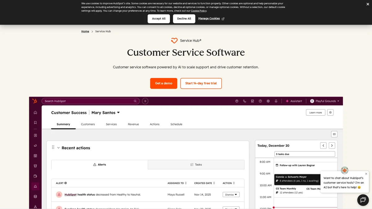 HubSpot Service Hub landing page