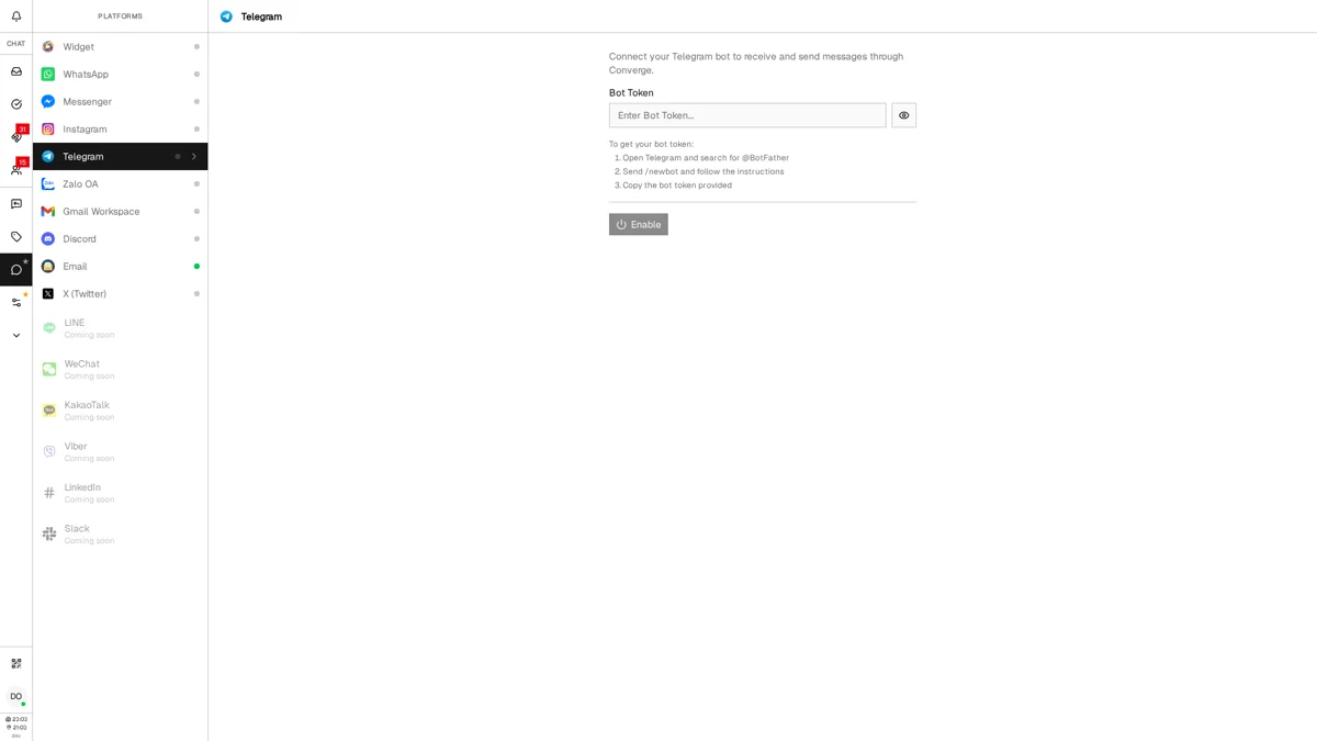Converge Settings showing the Platforms page with Telegram selected and bot token input field