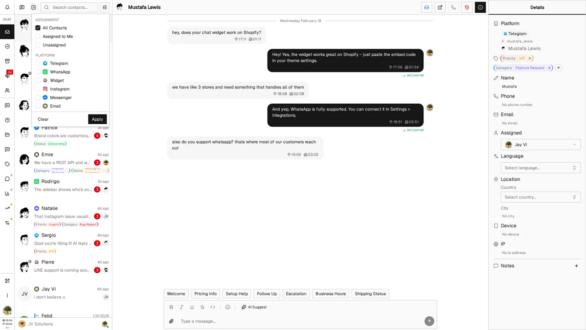 The filter menu showing assignment, platform, stage, and tag filter options with checkboxes