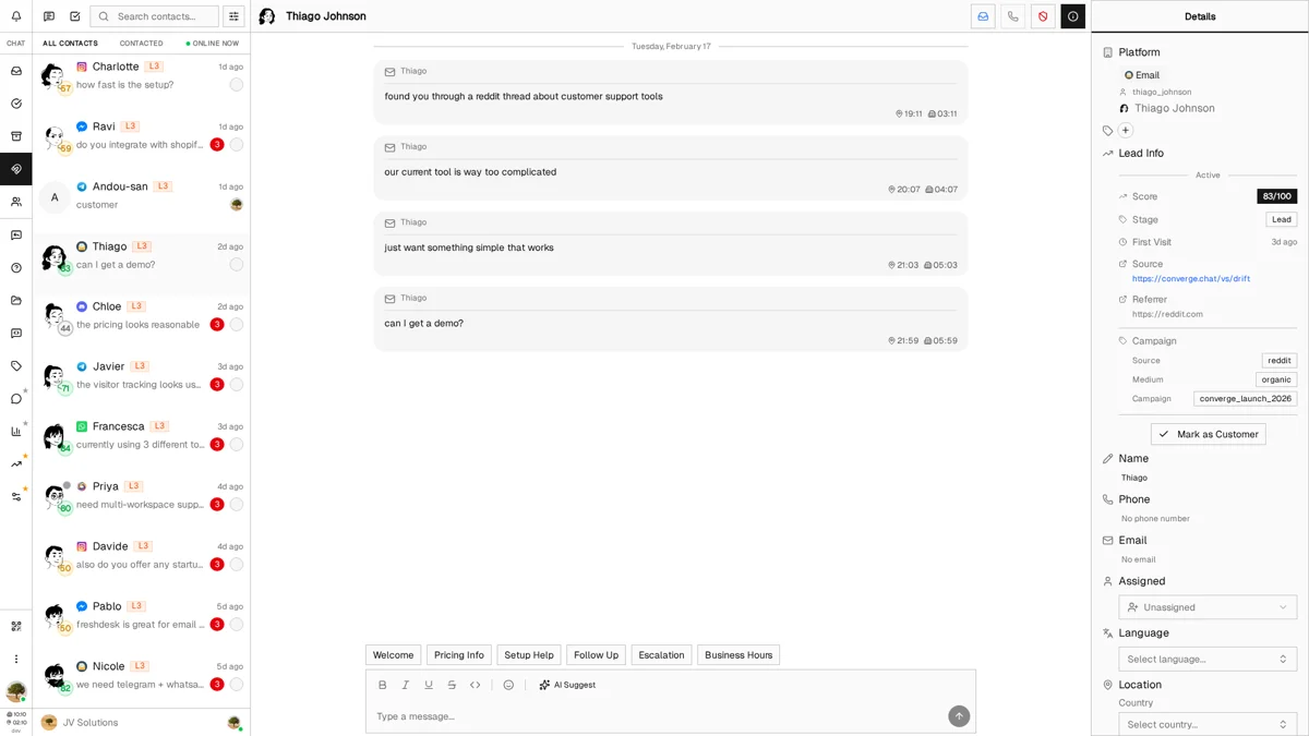 Lead detail sidebar with attribution info