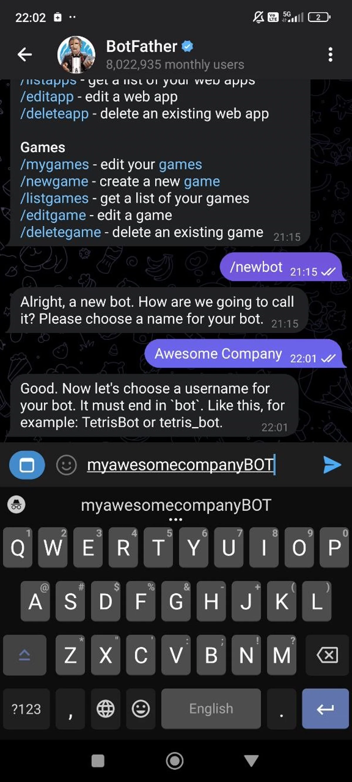 BotFather conversation showing the /newbot command, choosing a bot name and username